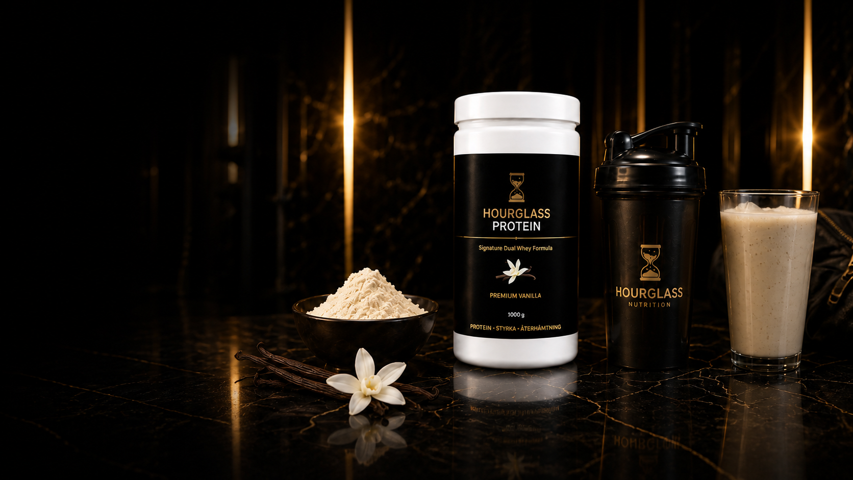 Hourglass Protein Vanilj med shaker och vaniljshake