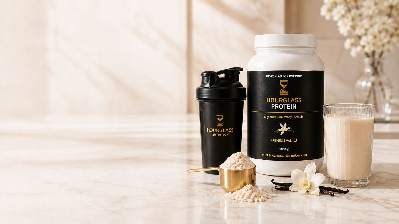 Hourglass Protein Vanilj med shaker och vaniljshake